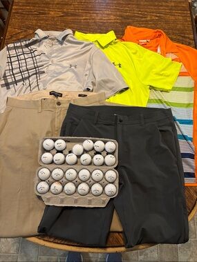 Golf lot 3 polos 2 pants and 2 dozen golf balls